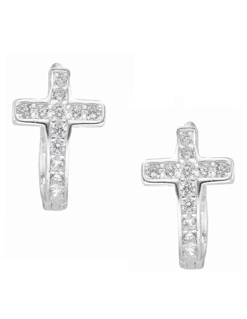 Aretes Huggies de cruz Horoz de plata P 925 con acabado pulido zirconia