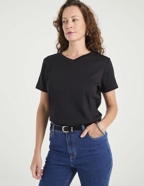 Playera manga corta cuello V para mujer 1