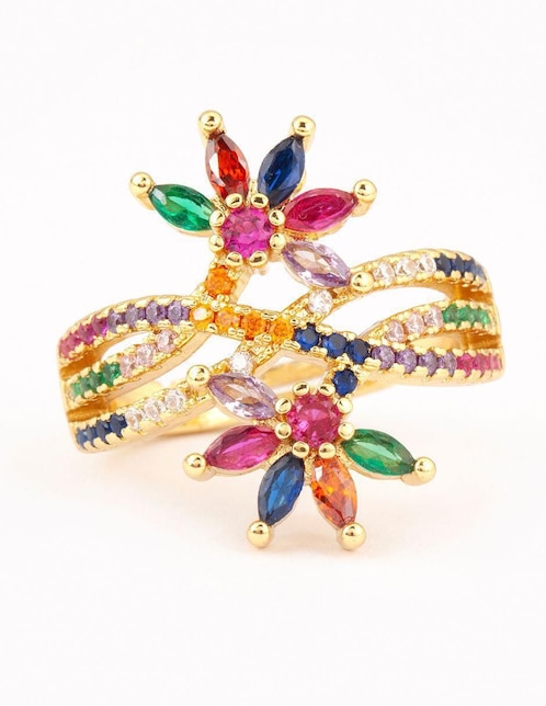 Anillo de flor Yoiko Floral zirconia con acabado baño de oro 14 k