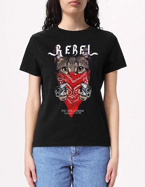 Playera Manga Corta FNC Collezioni Gato Rebel Cuello Redondo Para Mujer