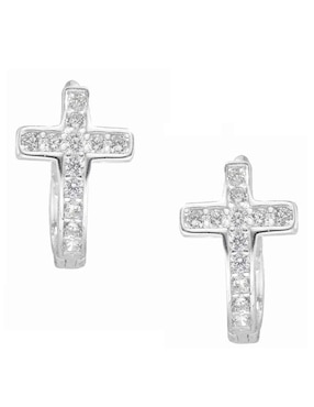 Aretes Huggies De Cruz Horoz De Plata P 925 Con Acabado Pulido Zirconia