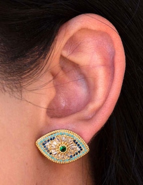 Broqueles de ojo Yoiko Celeste con acabado baño de oro zirconia