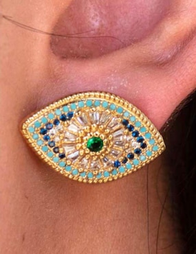 Broqueles de ojo Yoiko Celeste con acabado baño de oro zirconia