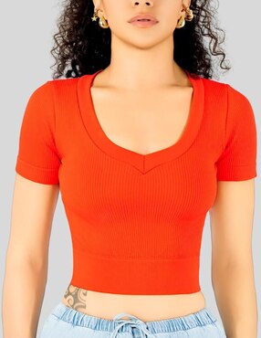 Playera manga corta Malabis Crops Pullover cuello v para mujer