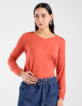 Playera manga larga Ferrioni cuello v para mujer