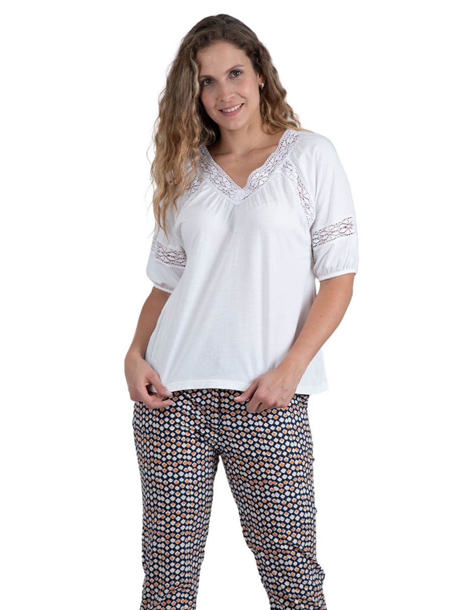 Playera manga corta Edira cuello V para mujer Playera manga corta Edira cuello V para mujer