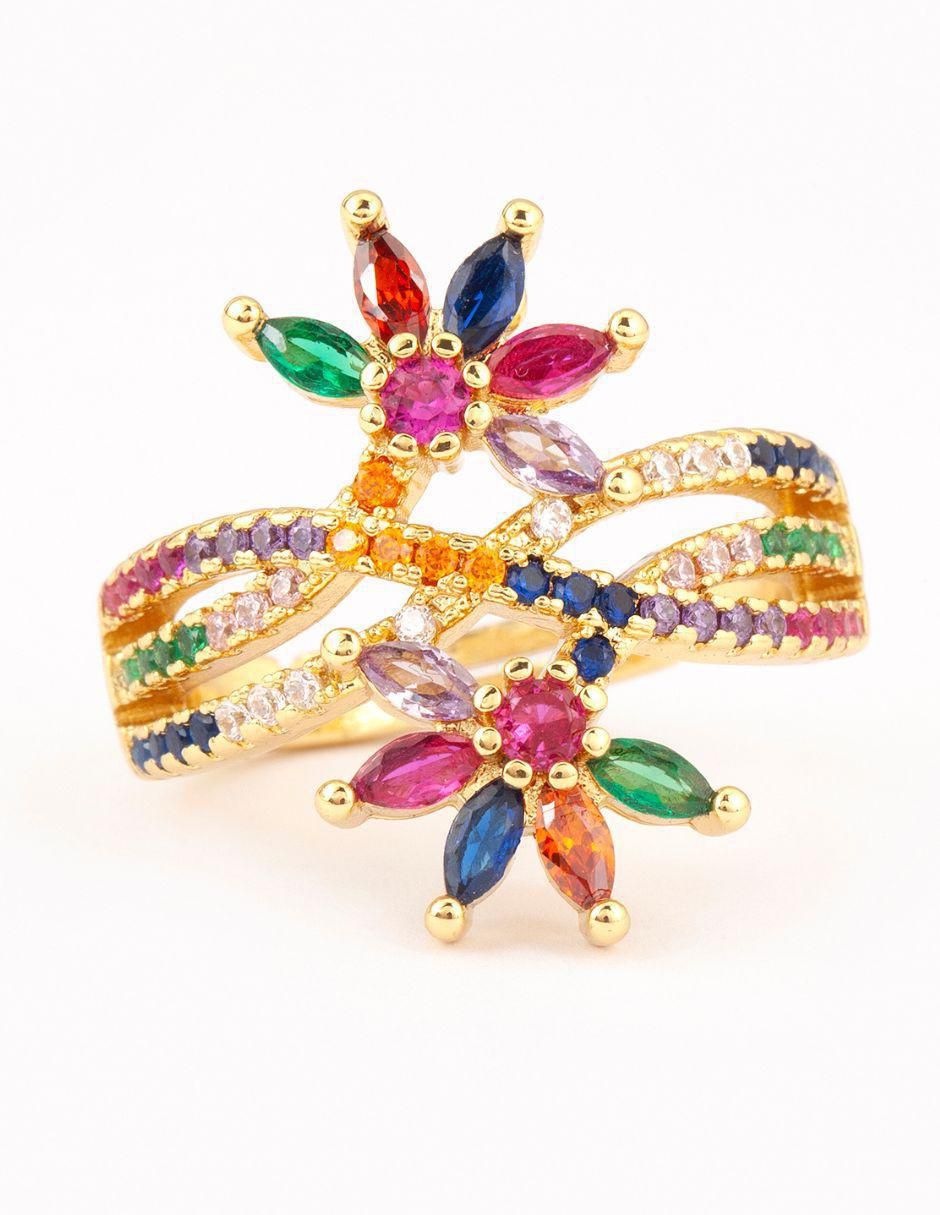 Anillo de flor Floral zirconia con acabado baño de oro 14 k
