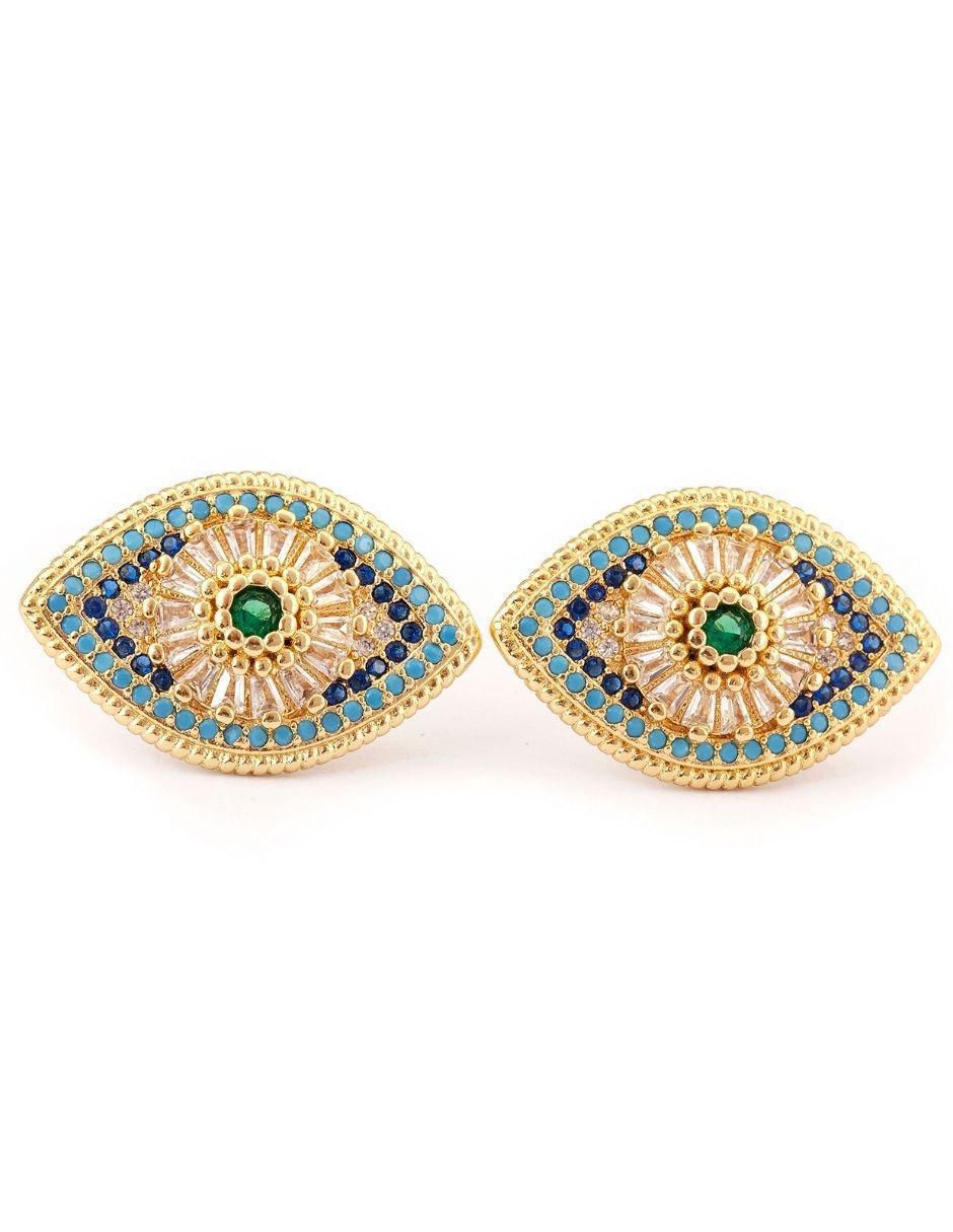 Broqueles de ojo Celeste con acabado baño de oro zirconia