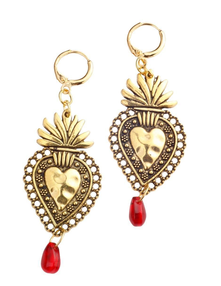 Aretes largos de corazón Milagritos Alto Golden 18 k baño de oro cristal
