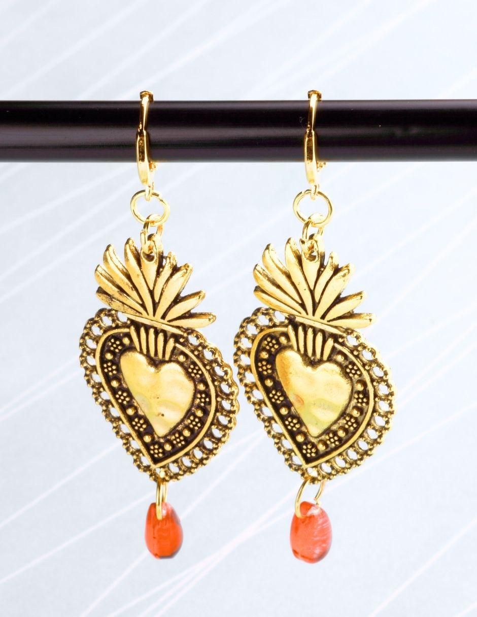 Aretes largos de corazón Milagritos Alto Golden 18 k baño de oro cristal 4