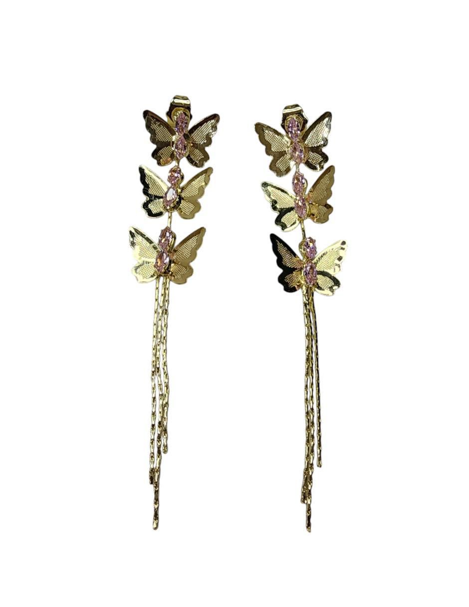 Aretes largos mariposa con acabado baño de oro 14 k zirconia Aretes largos mariposa con acabado baño de oro 14 k zirconia