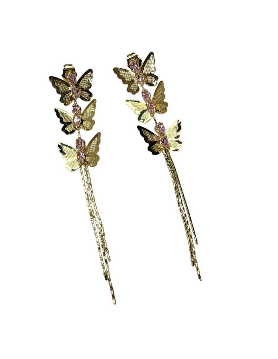 Aretes largos mariposa con acabado baño de oro 14 k zirconia 3