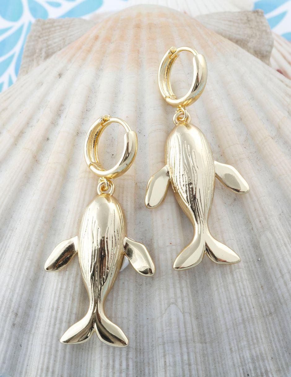 Aretes largos de ballena Ballenia baño de oro 18 k 4