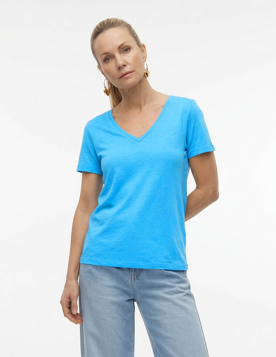 Playera manga corta cuello V para mujer