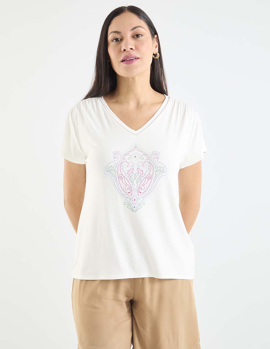 Playera manga corta cuello V para mujer