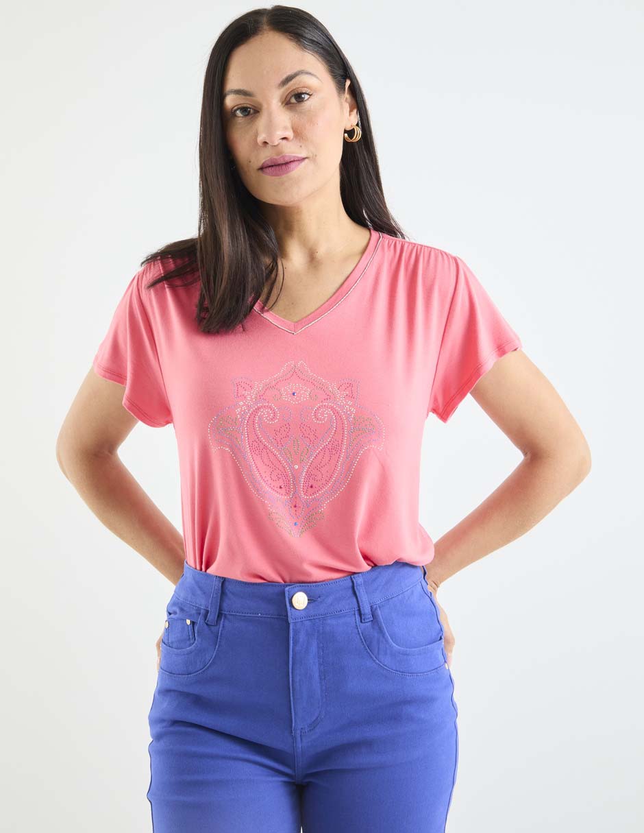 Playera manga corta cuello V para mujer