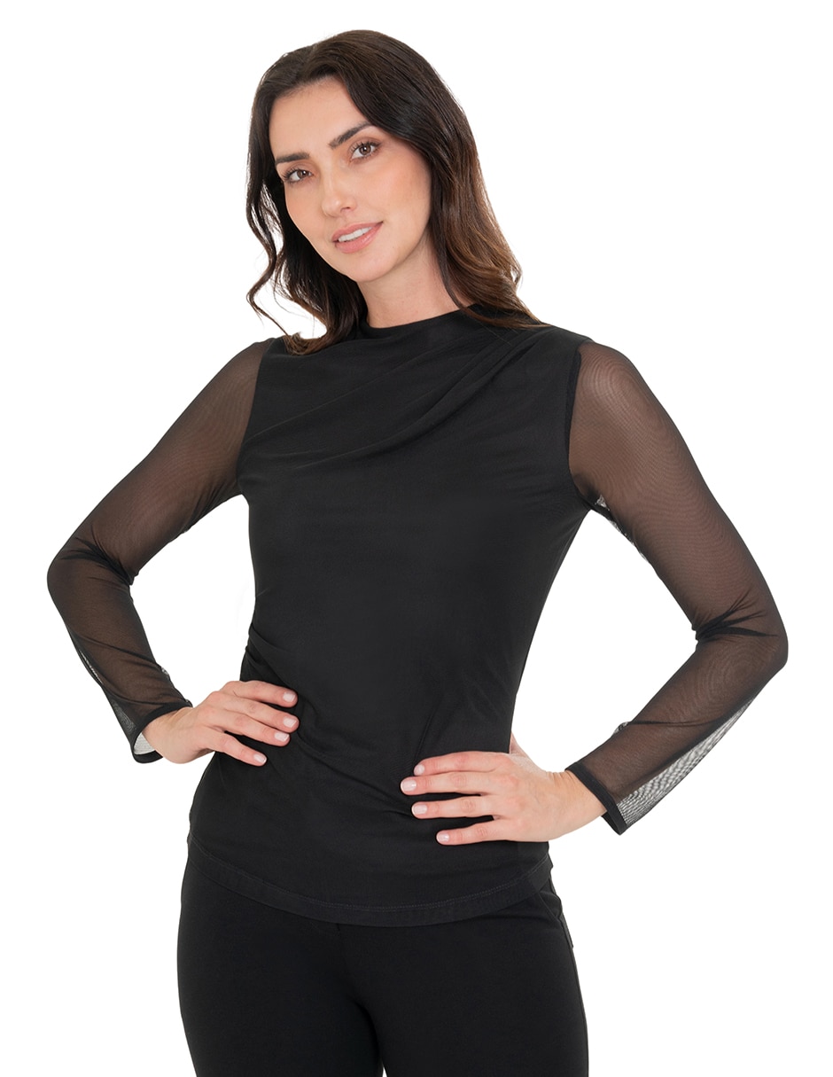 Playera manga larga cuello ojal para mujer