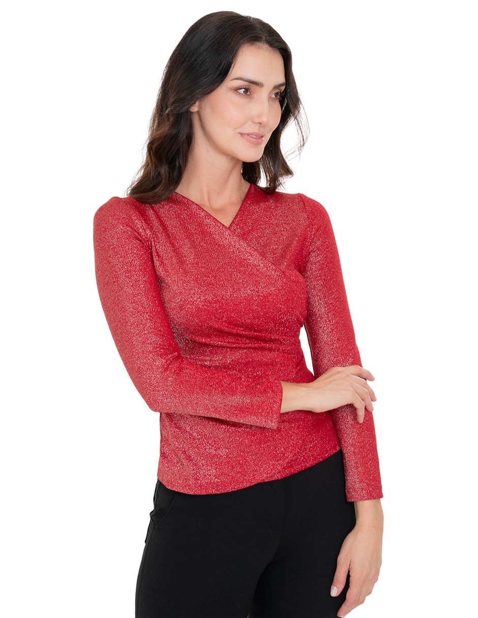 Playera manga larga cuello V para mujer