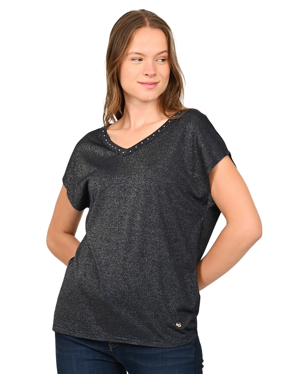 Playera manga corta Matilda cuello V para mujer
