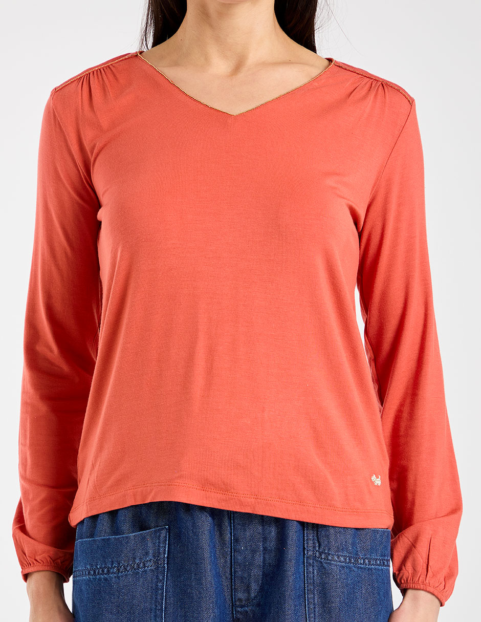 Playera manga larga Ferrioni cuello V para mujer