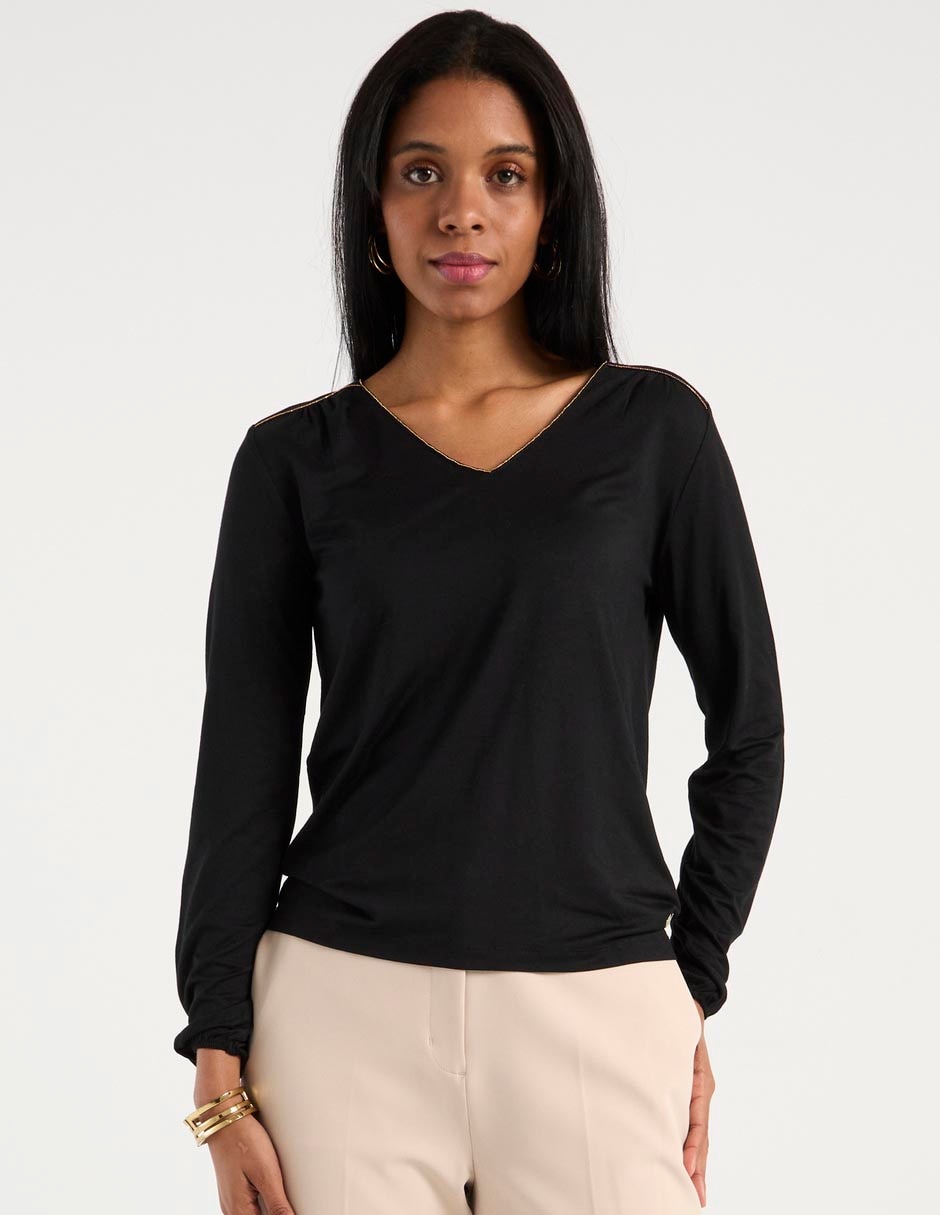 Playera manga larga cuello V para mujer