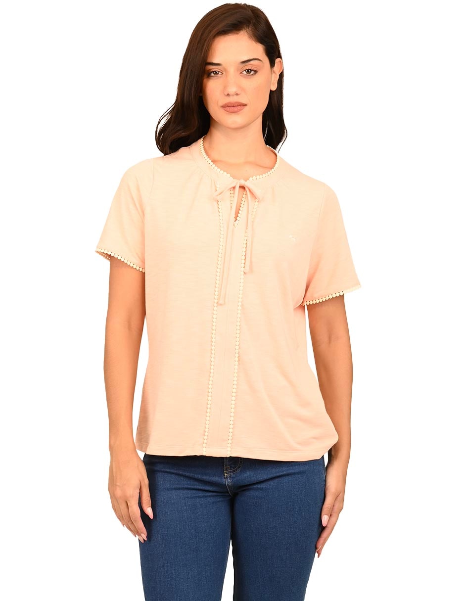 Playera manga corta cuello con amarre para mujer Playera manga corta cuello con amarre para mujer