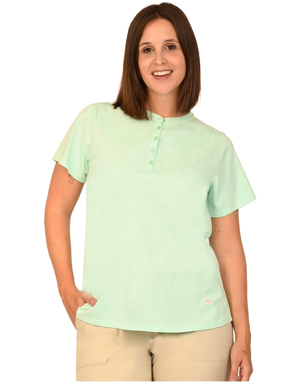 Playera manga corta cuello con botón para mujer