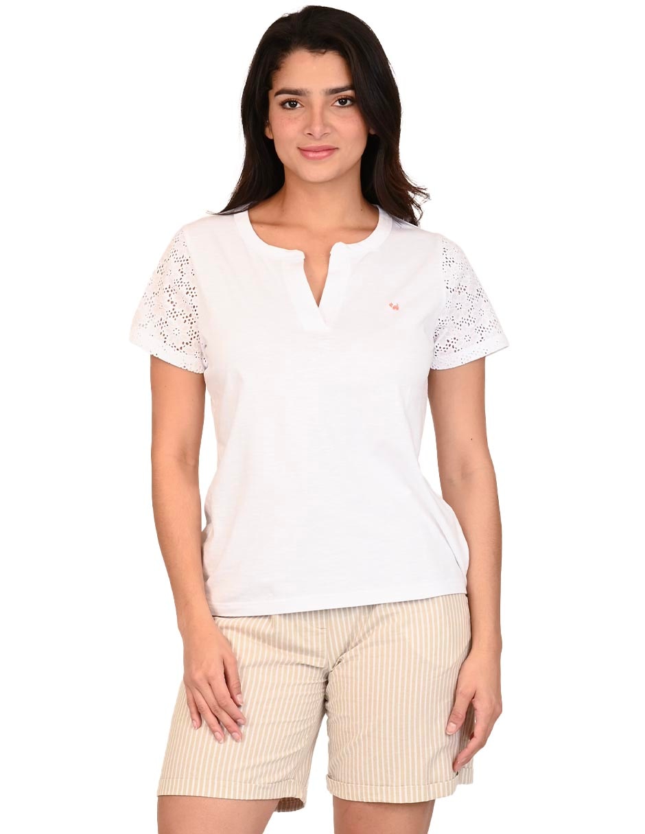 Playera manga corta cuello V para mujer